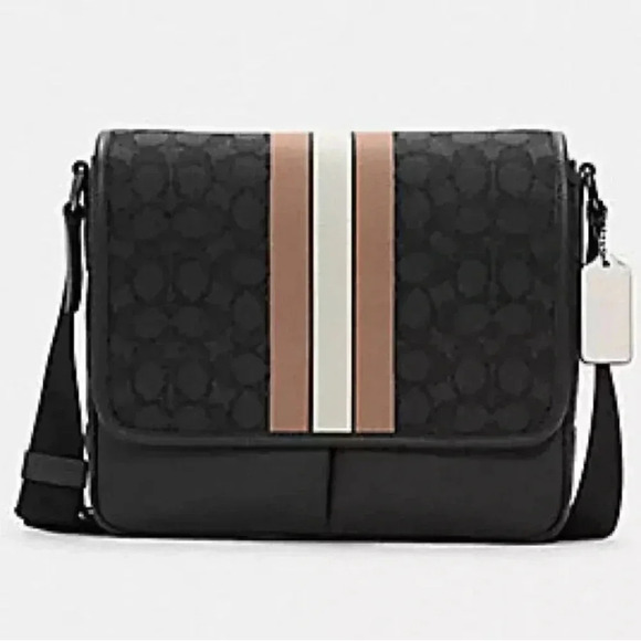 COACH NWT Thompson Crossbody Bag Jacquard  Varsity Stripe Black Leather Snap - Picture 1 of 10